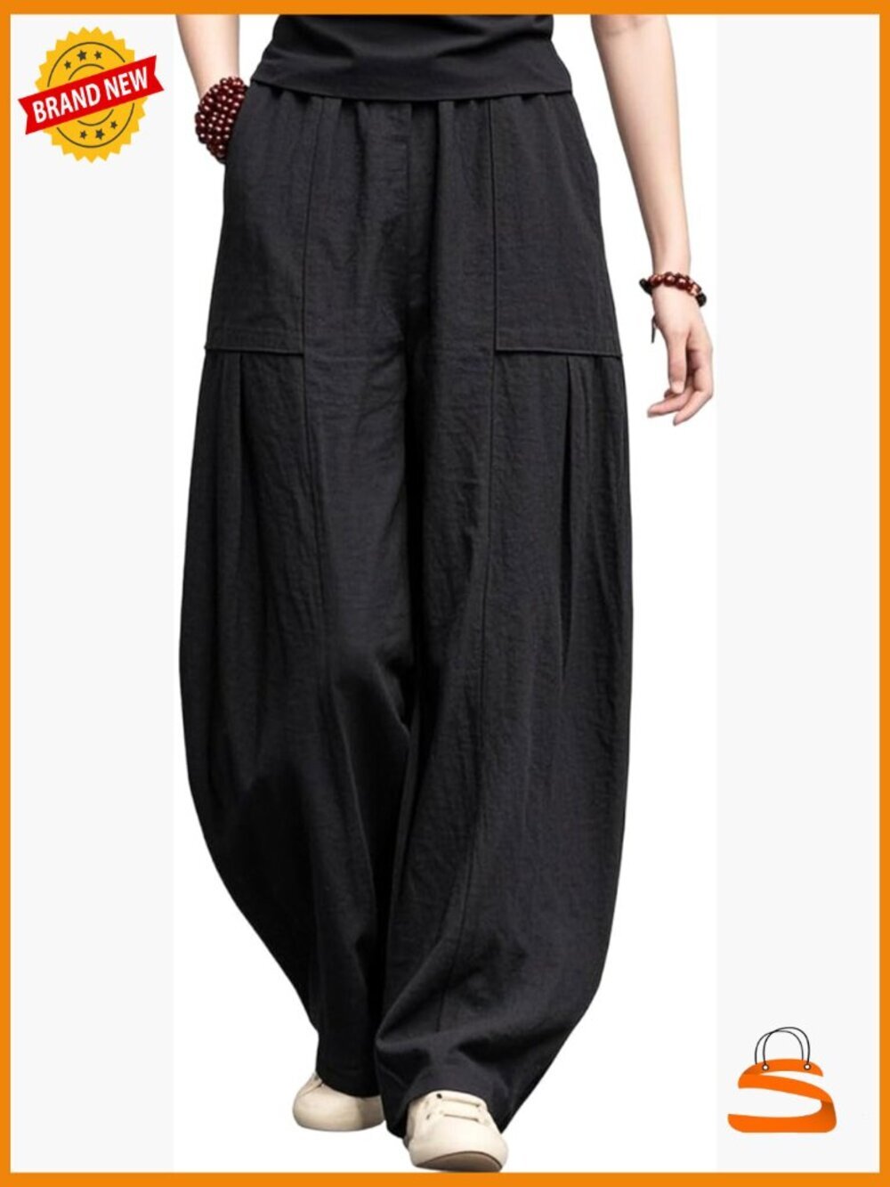 Linen Wide Leg Pants Elastic Waist Lantern Trousers Front Pockets